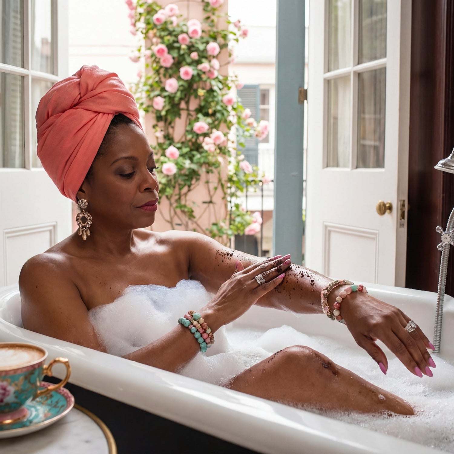 Woman in a bathtub with bubbles, wearing a pink turban and colorful bracelets, with a cup of coffee on a saucer.