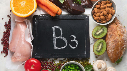 Vitamin B3 Niacinamide on table with foods that include it