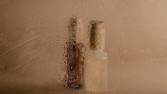 skincare behind a wet shower door