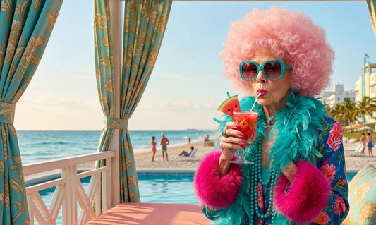 Pink Haired Betty with dry sensitive skin on beach chair