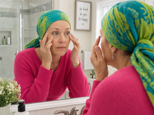 woman looking at bags under here eyes during chemo