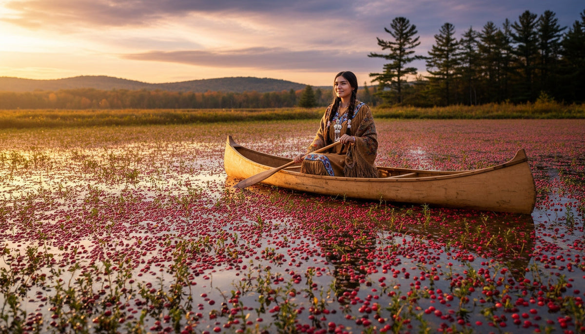 Native American woman canoeing in cranberry bog