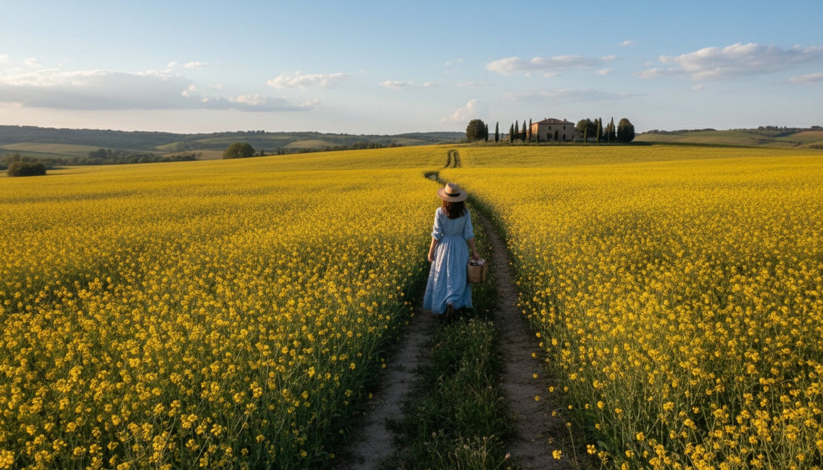 Woman walking through a field of camelina sativa