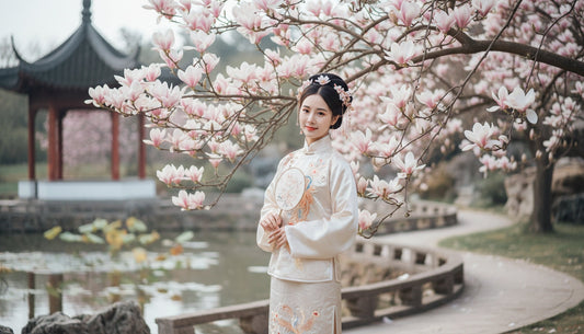 Chinese woman standing in front of a blooming magnolia tree