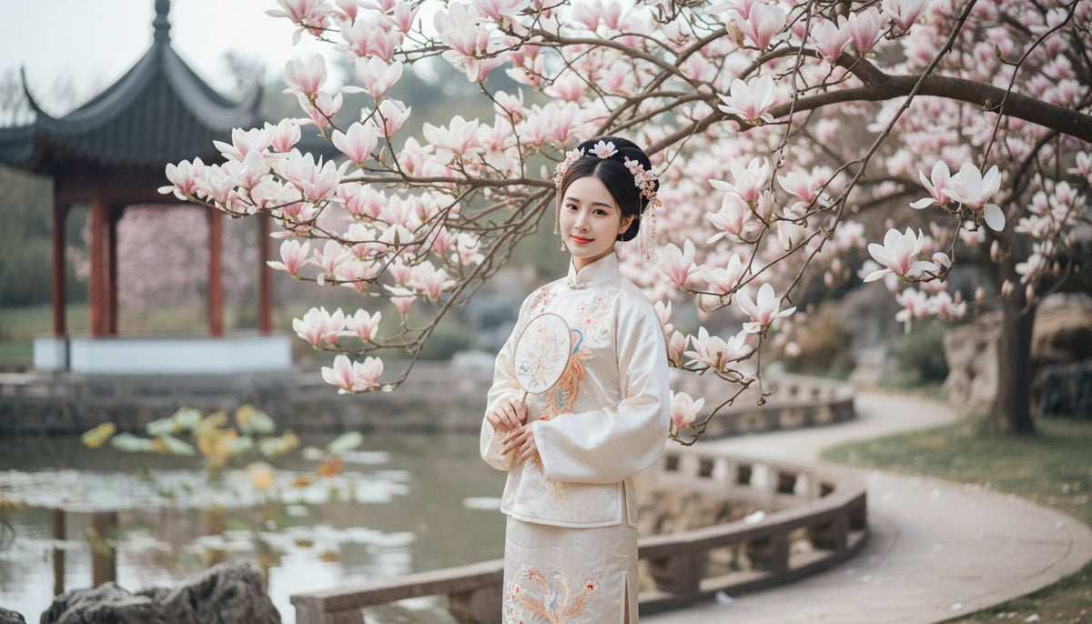 Chinese woman standing in front of a blooming magnolia tree