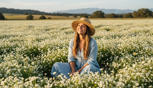 woman sitting in field of meadowfoam flowers