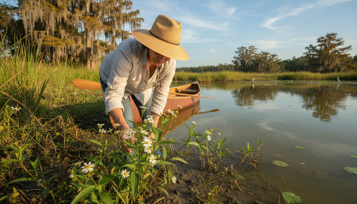 A woman is picking false daisy along a swamp marsh