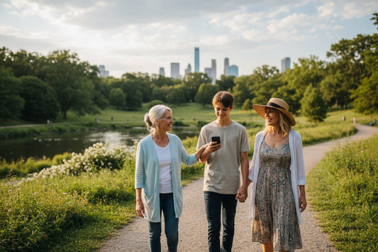 A woman, her mother and son are walking in a park on a sunny day. She is wearing a hat to protect her skin from dehydration. 