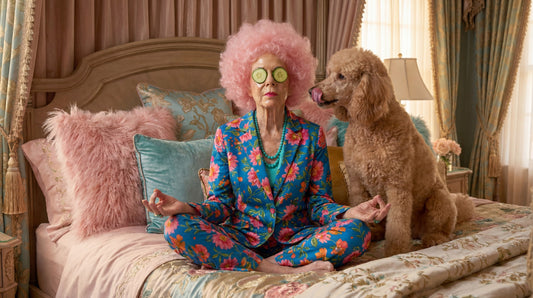 Pink Haired Betty medidtating on bed with fido her dog doing the barrier recovery routine