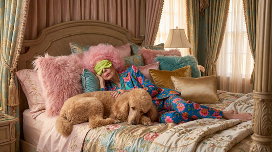 Pink Haired Betty Sleeping on Bed with dog wearing Age-Well for Dry Skin nighttime routine