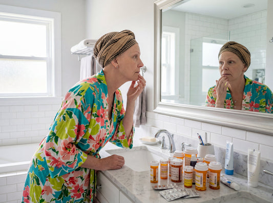 woman on chemo looking at her wrinkles in the mirror