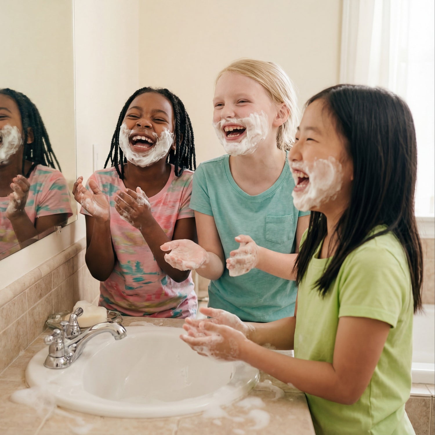 3 girls making foam beards with the gentle cleanser soap