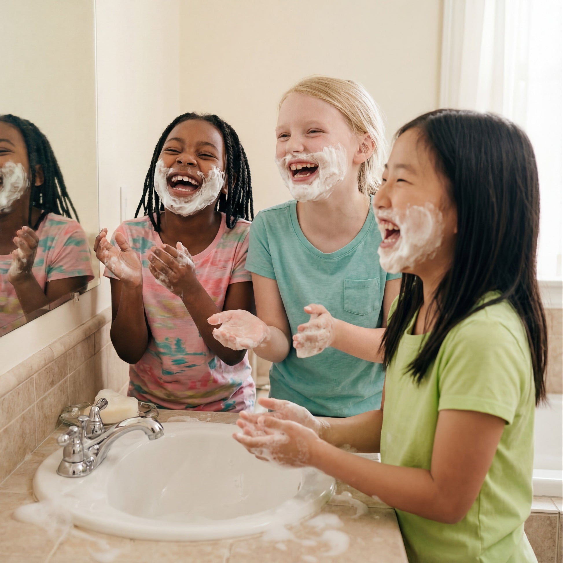 3 girls making foam beards with the gentle cleanser soap
