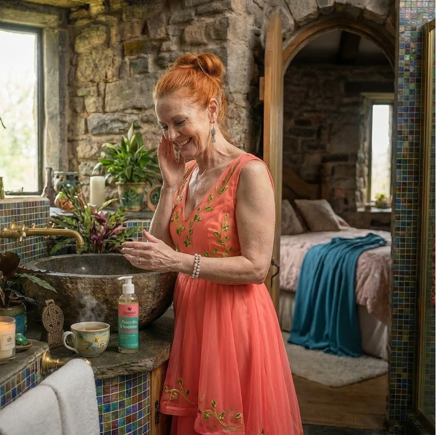 Woman in a pink dress washing her hands in a rustic bathroom.