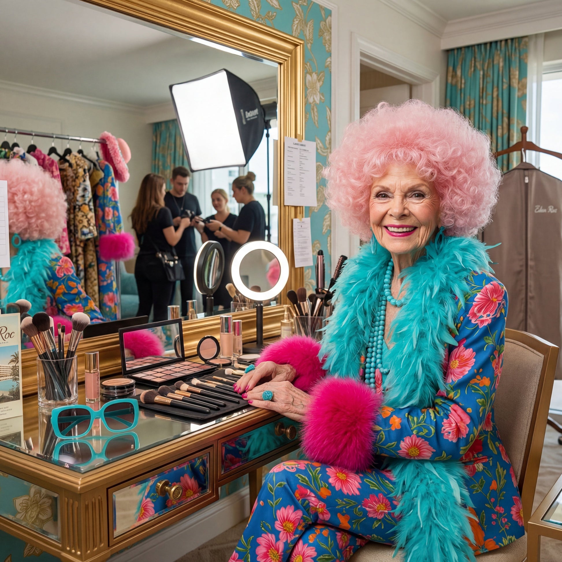 Person with pink hair and colorful outfit sitting at a vanity table in a stylish room.
