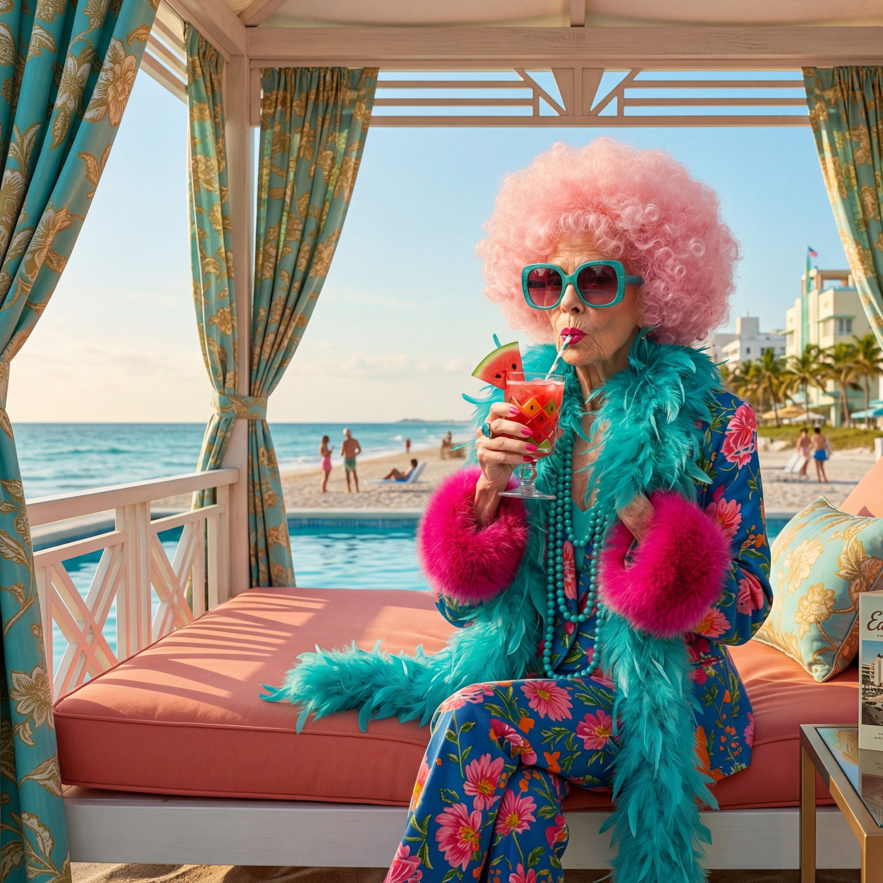 Person in colorful outfit with pink hair and sunglasses, sitting on a beachside couch.