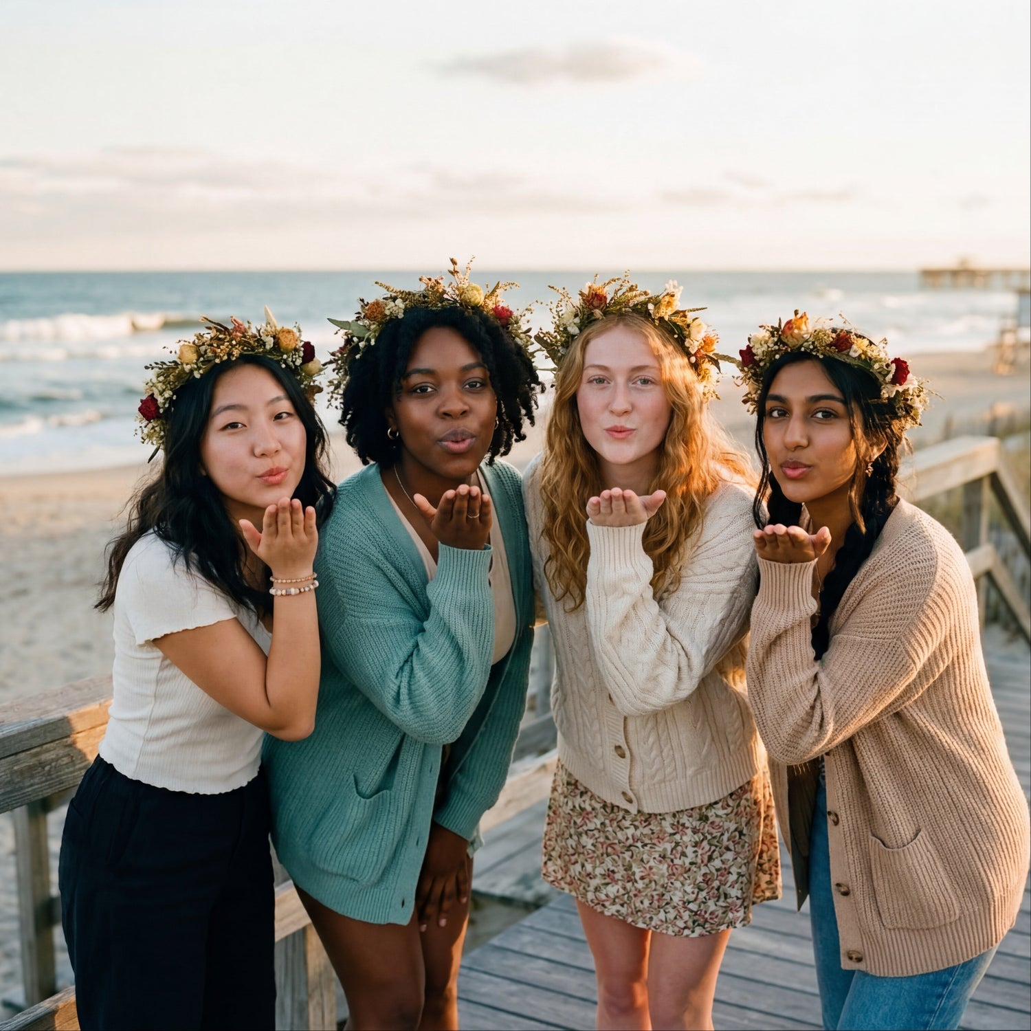 Four teen girls with floral crowns blowing kisses on a beach boardwalk.