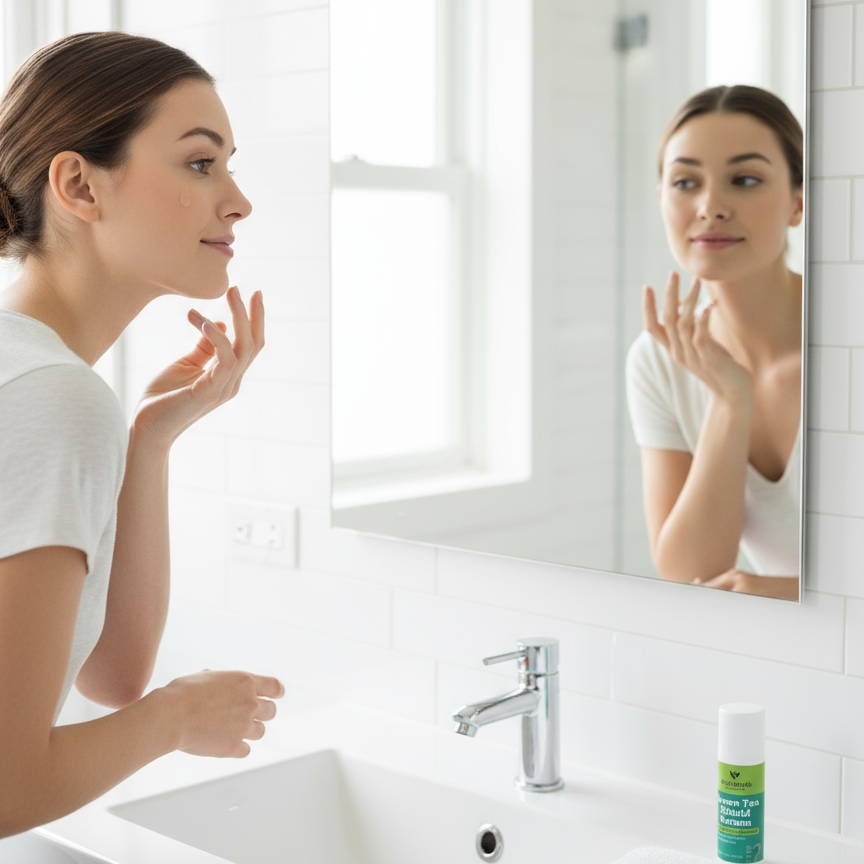 A woman is applying Juventude's Green Tea Shield Serum in the mirror in the morning before going to work. 