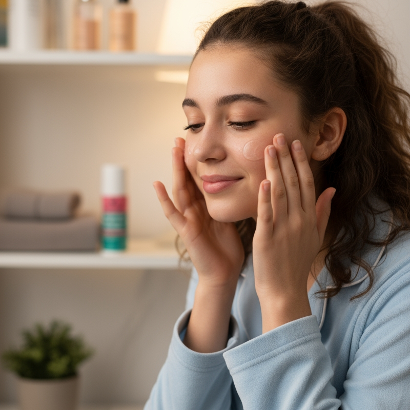 A teenage girl is applying the Calming Radiance Serum before going to bed. 