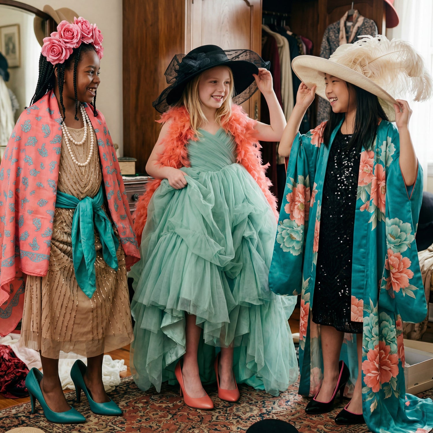 Three young girls in vintage-style clothing with hats and accessories in a room.