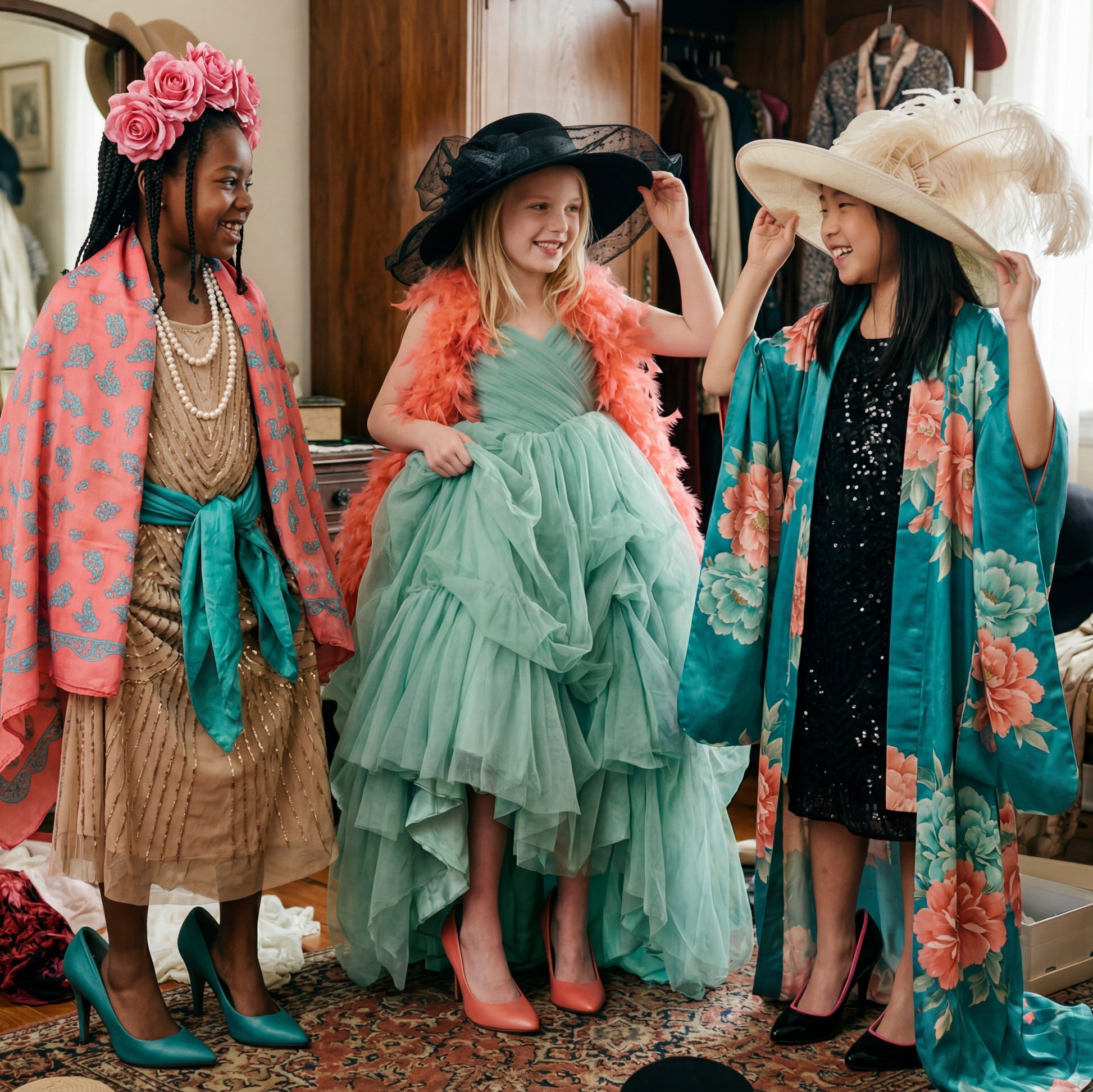 Three young girls in vintage-style clothing with hats and accessories in a room.