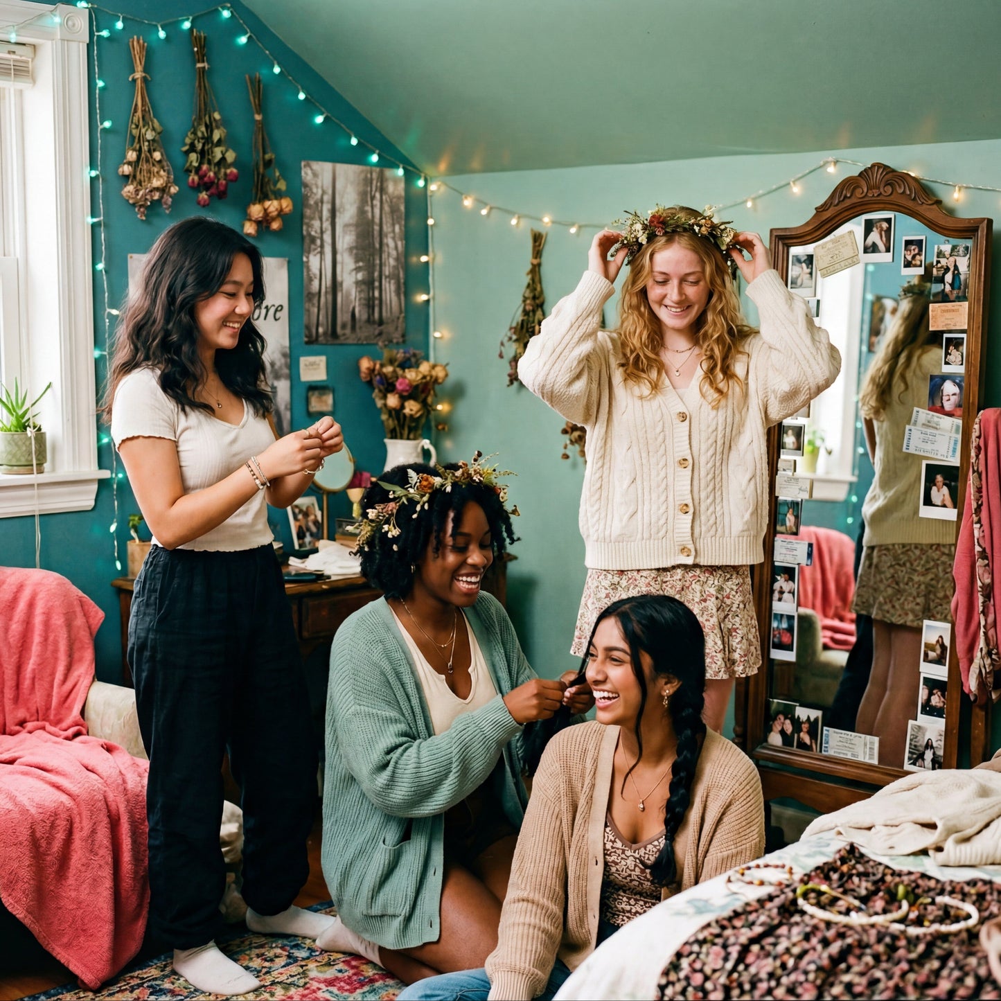Four women in a room with teal walls, decorative lights, and a mirror.